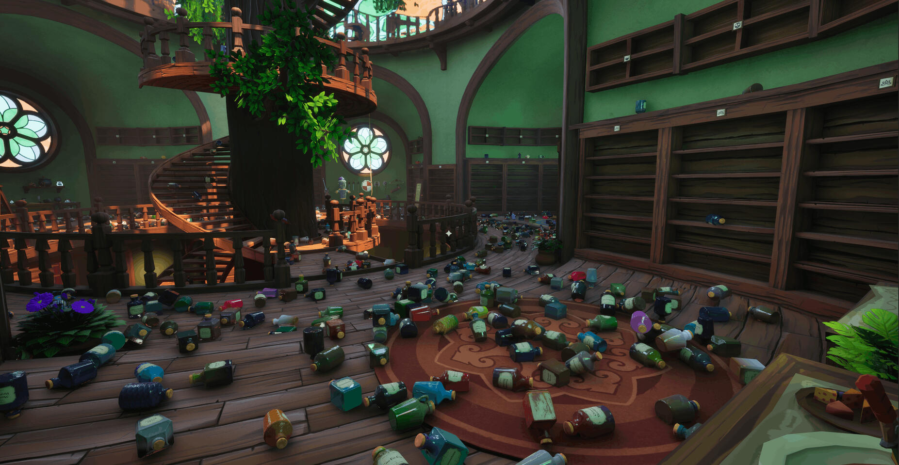 First floor and the central staircase, littered with potion bottles