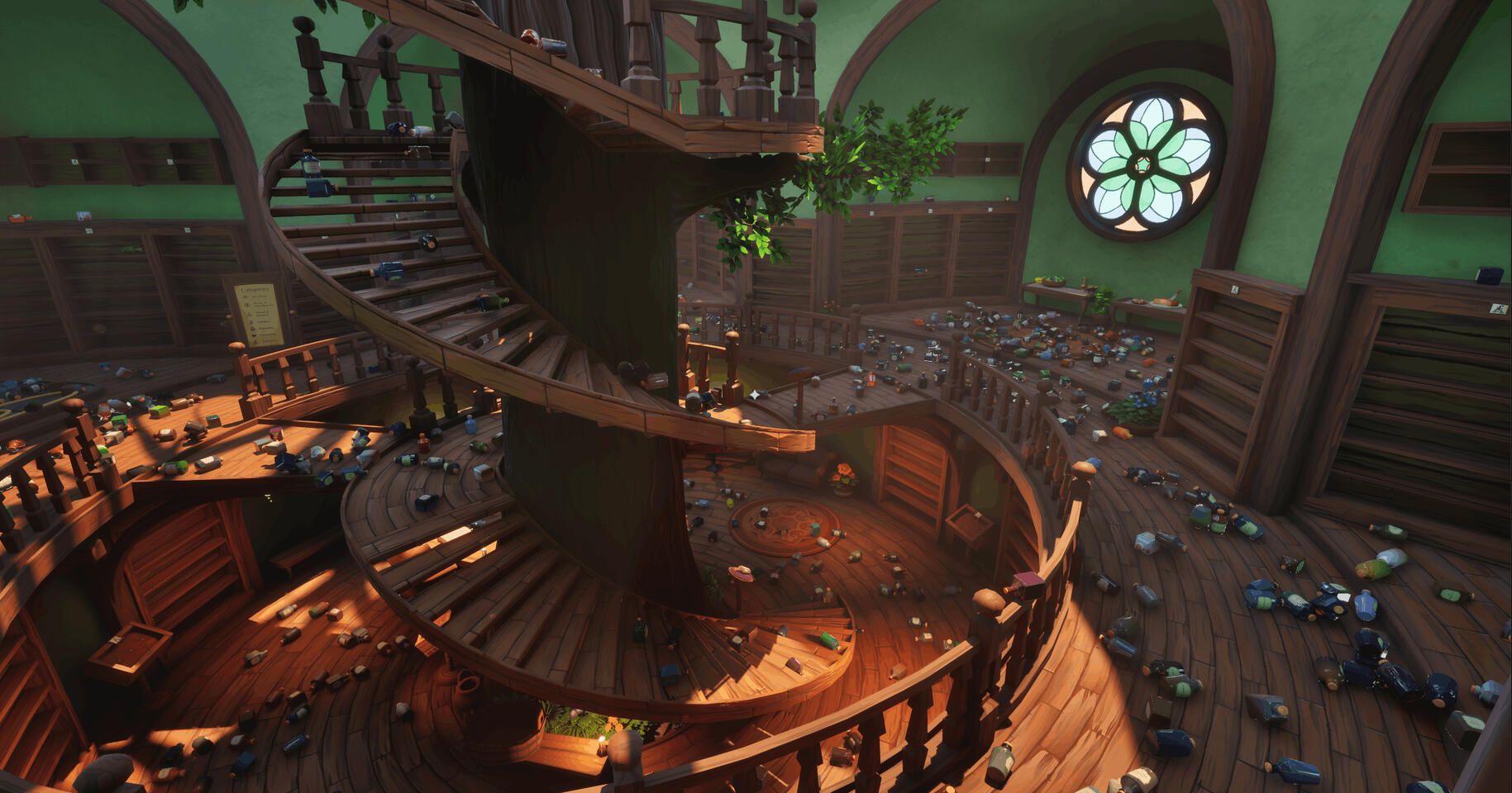 Aerial view of the first floor and the central staircase, littered with potion bottles